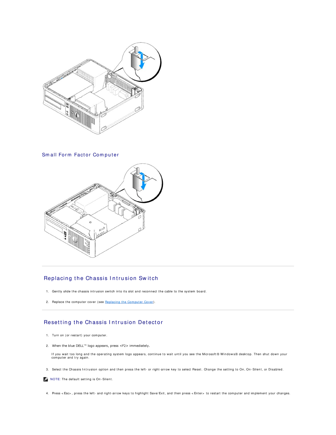 Dell 740-MT Replacing the Chassis Intrusion Switch, Resetting the Chassis Intrusion Detector, Small Form Factor Computer 