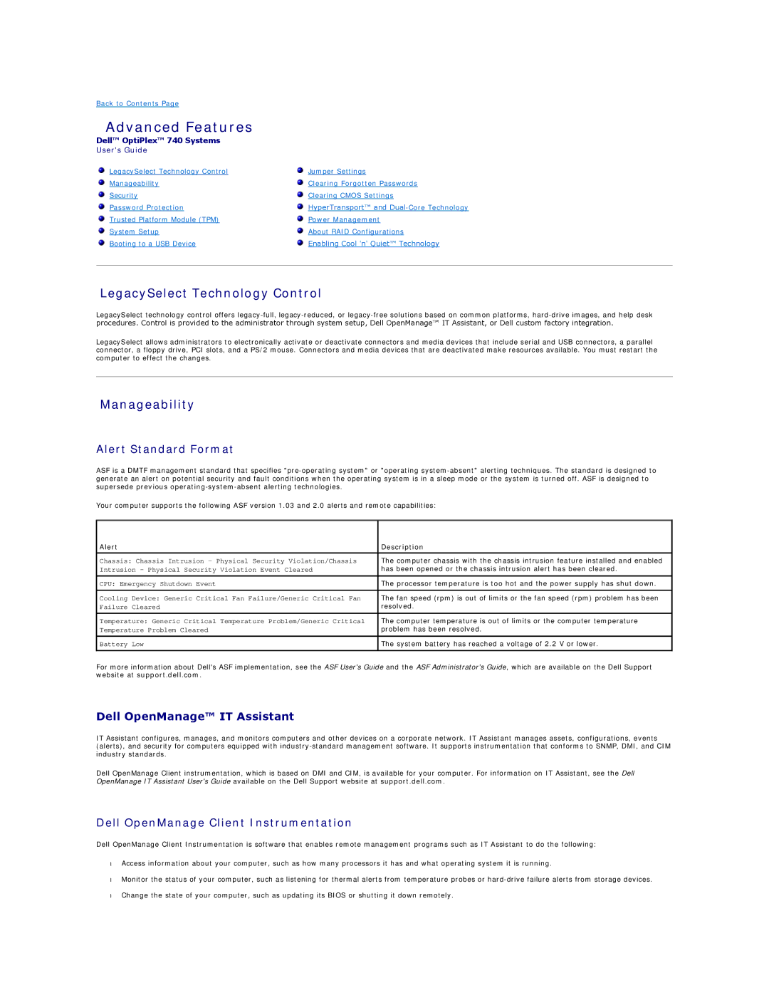 Dell DCSM, DCCY, 740-MT, 740-DT manual Advanced Features, LegacySelect Technology Control, Manageability 