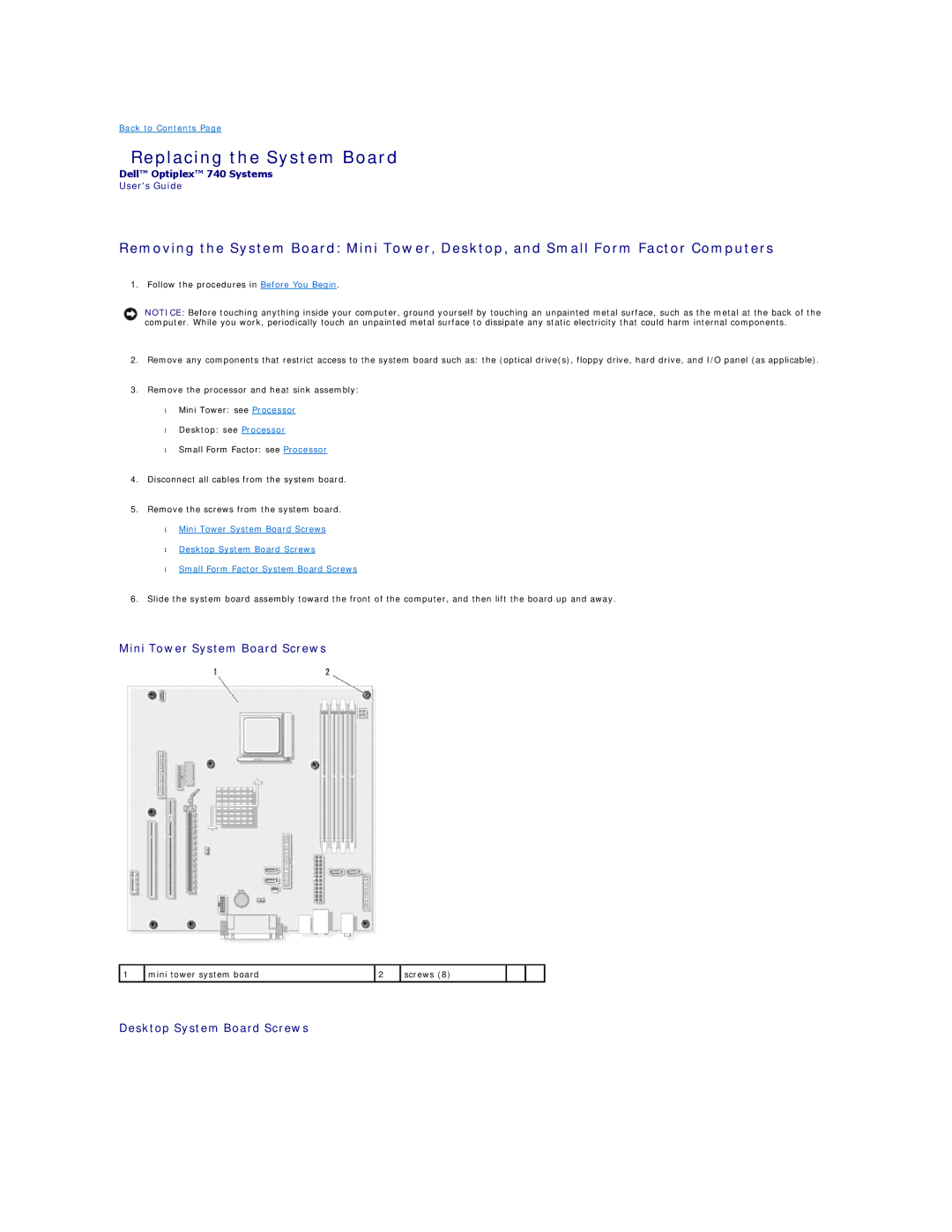 Dell DCSM, DCCY, 740-MT, 740-DT Replacing the System Board, Mini Tower System Board Screws, Desktop System Board Screws 