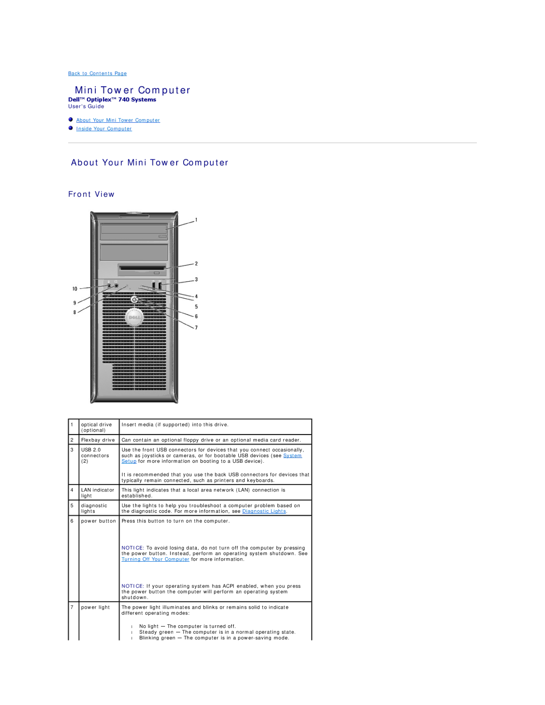 Dell 740-DT, DCSM, DCCY, 740-MT manual About Your Mini Tower Computer 