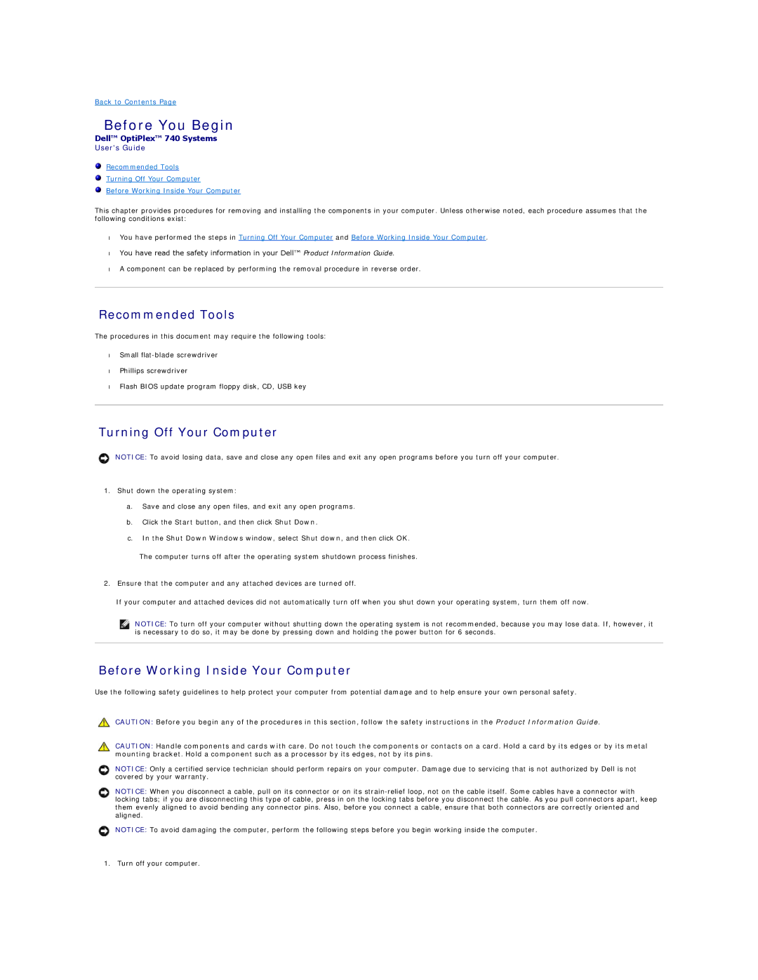 Dell DCCY, DCSM, 740 Before You Begin, Recommended Tools, Turning Off Your Computer, Before Working Inside Your Computer 