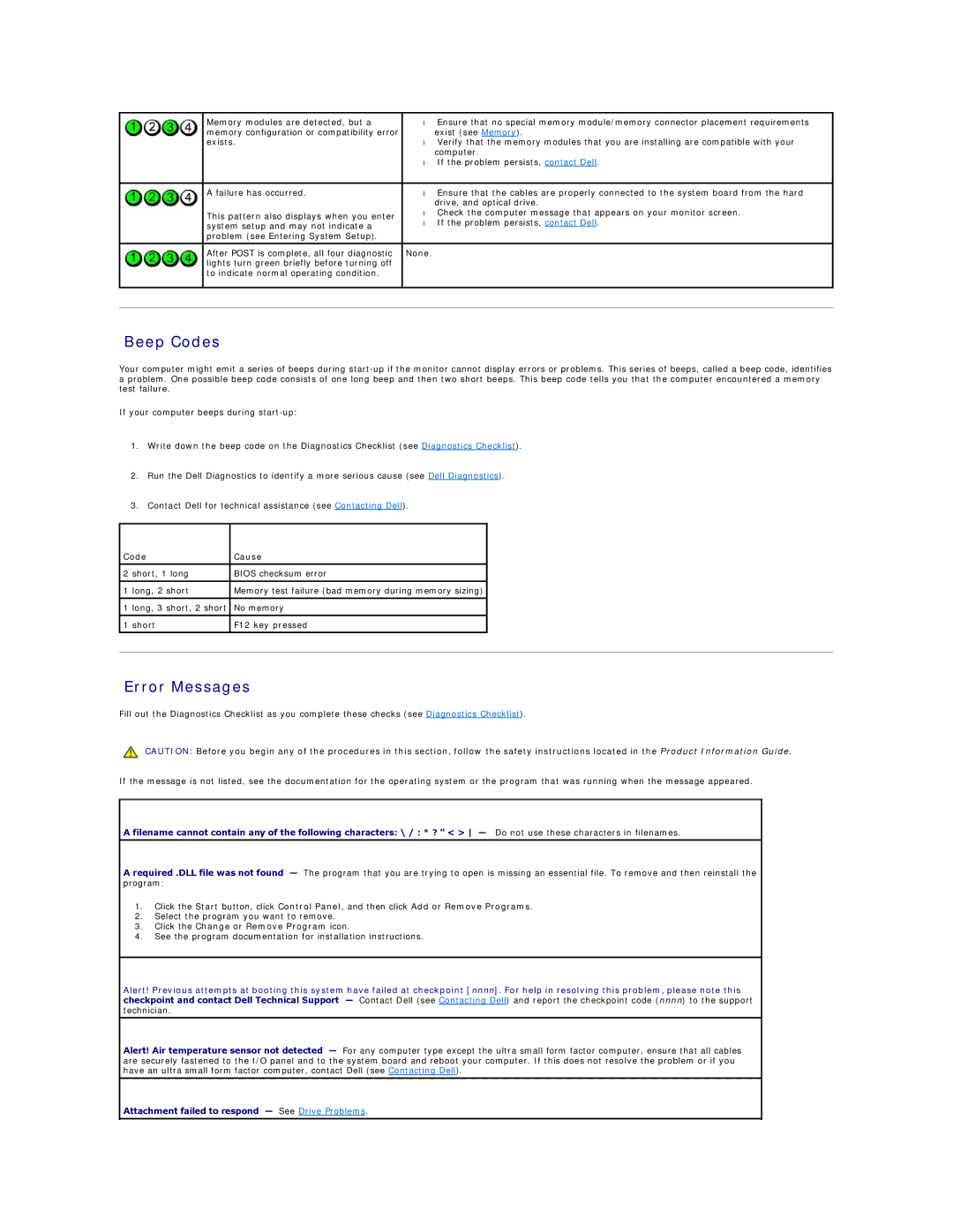 Dell DCSM, DCCY, 740-MT, 740-DT manual Beep Codes, Error Messages, Code Cause, Click the Change or Remove Program icon 