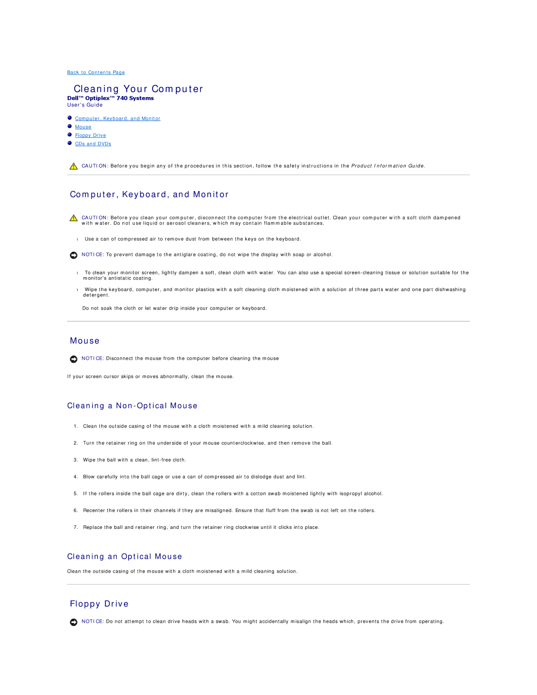 Dell 740-MT, DCSM, DCCY, 740-DT manual Cleaning Your Computer, Computer, Keyboard, and Monitor, Mouse, Floppy Drive 