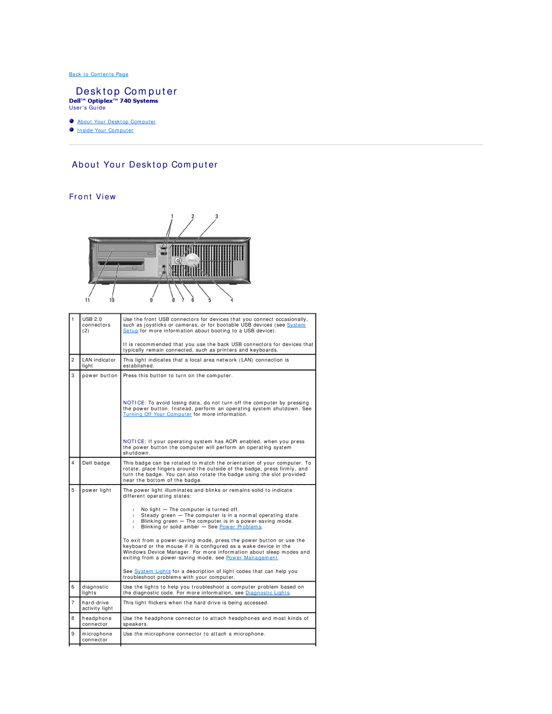 Dell DCSM, DCCY, 740-MT, 740-DT manual About Your Desktop Computer, Front View 