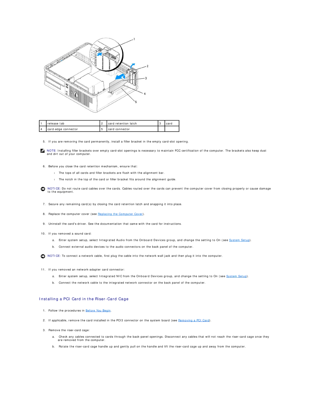 Dell DCSM, DCCY, 740-MT, 740-DT manual Installing a PCI Card in the Riser-Card Cage 