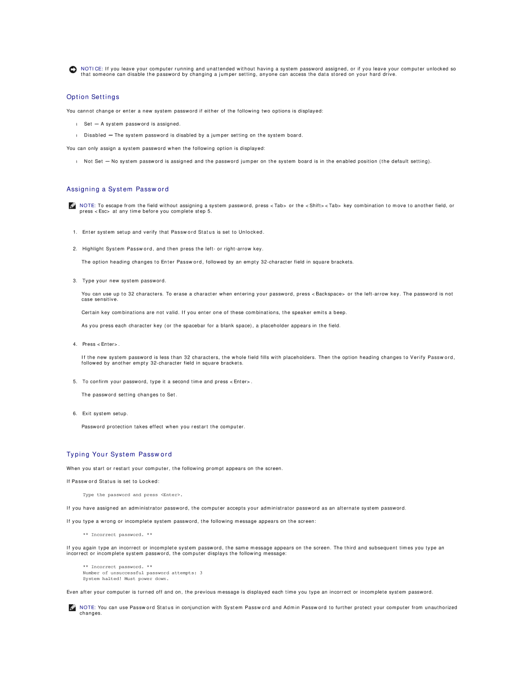 Dell 740-DT Option Settings, Assigning a System Password, Typing Your System Password, If Password Status is set to Locked 