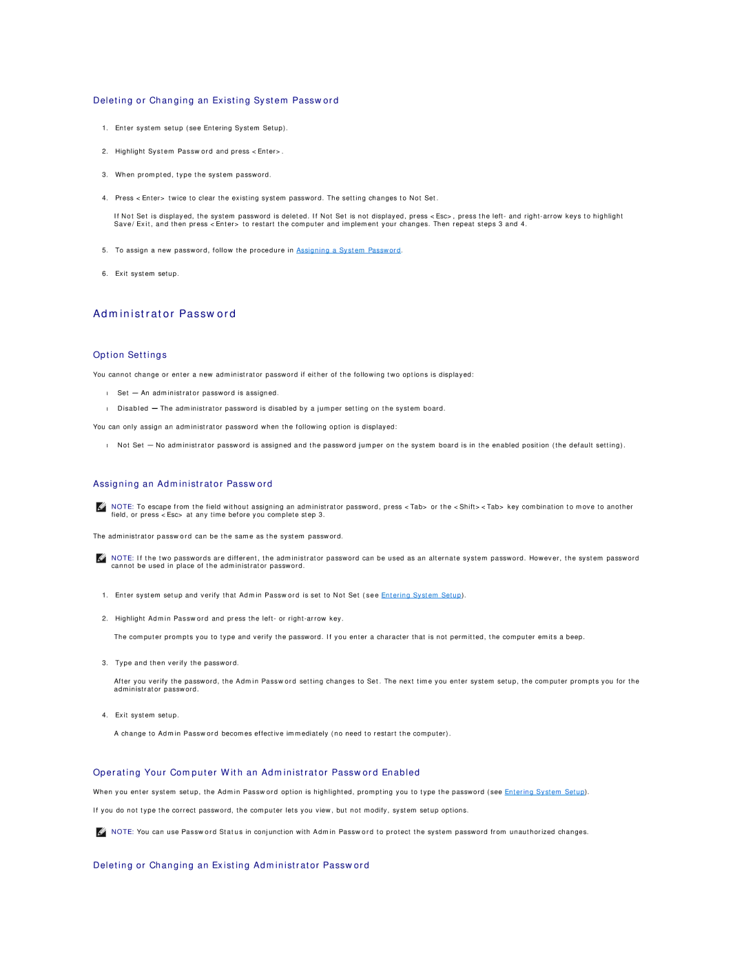 Dell DCSM, DCCY, 740-MT, 740-DT Deleting or Changing an Existing System Password, Assigning an Administrator Password 