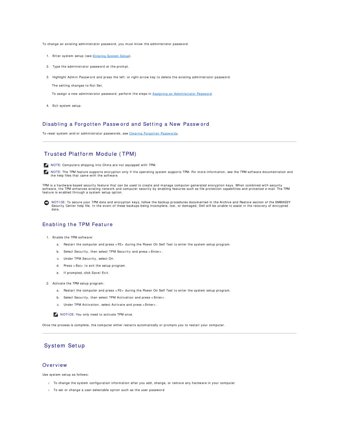 Dell DCCY Trusted Platform Module TPM, System Setup, Disabling a Forgotten Password and Setting a New Password, Overview 