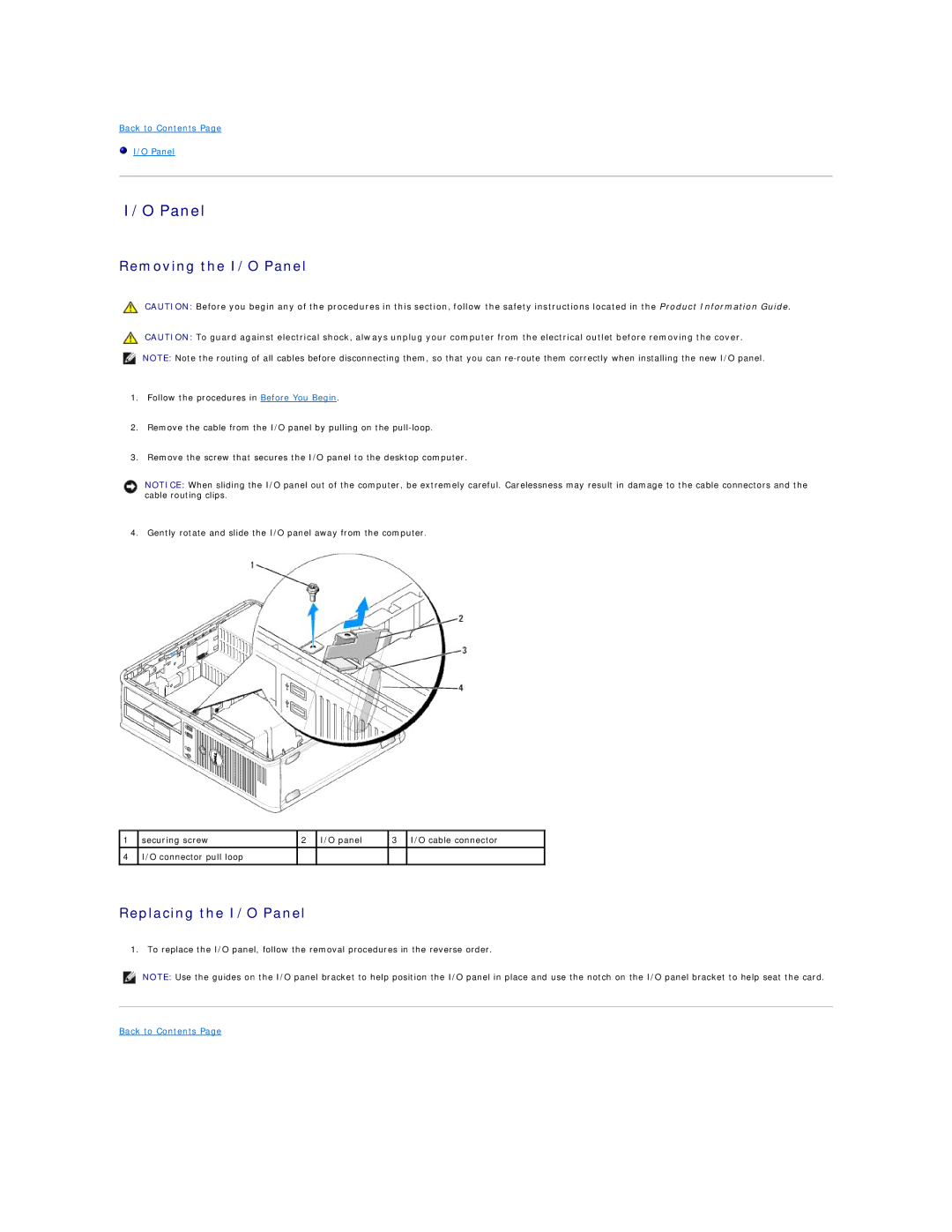 Dell 740-MT, DCSM, DCCY, 740-DT manual Removing the I/O Panel, Replacing the I/O Panel 