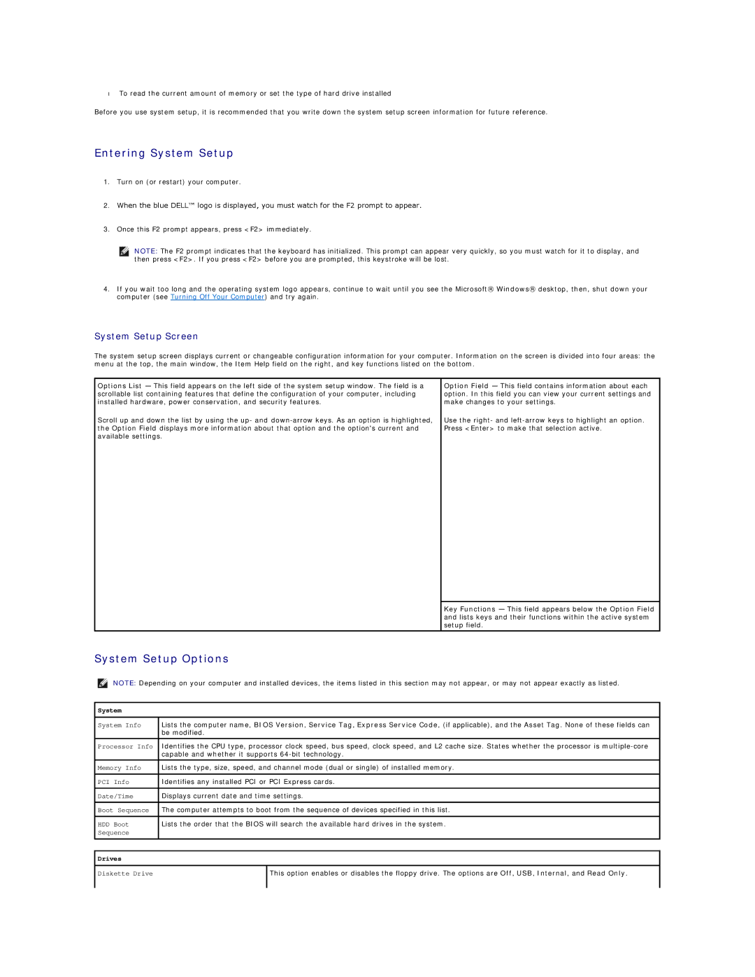 Dell DCSM, DCCY, 740-MT, 740-DT manual Entering System Setup, System Setup Options, System Setup Screen 