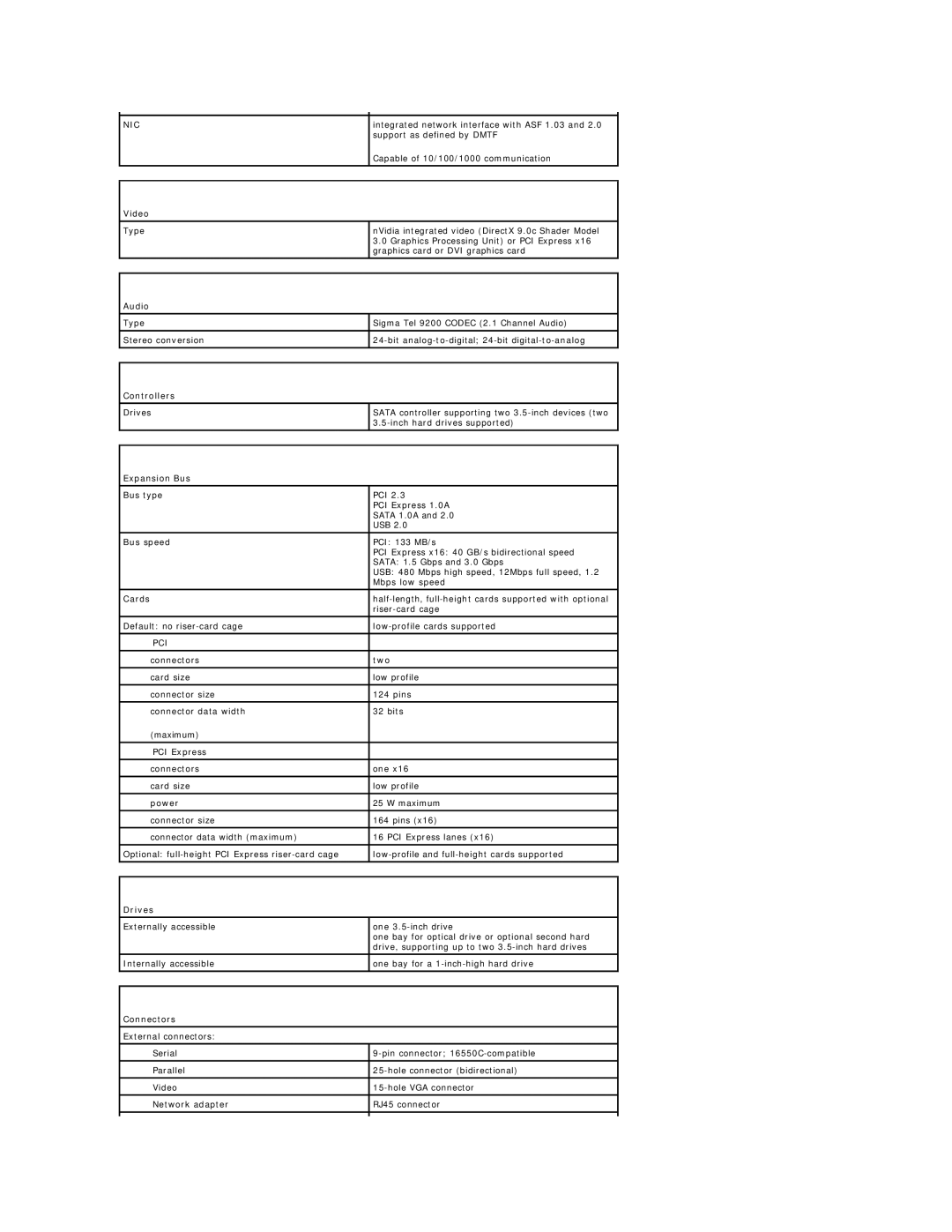 Dell DCSM, DCCY, 740-MT, 740-DT manual Video, Audio, Controllers, Expansion Bus, Drives, Connectors 