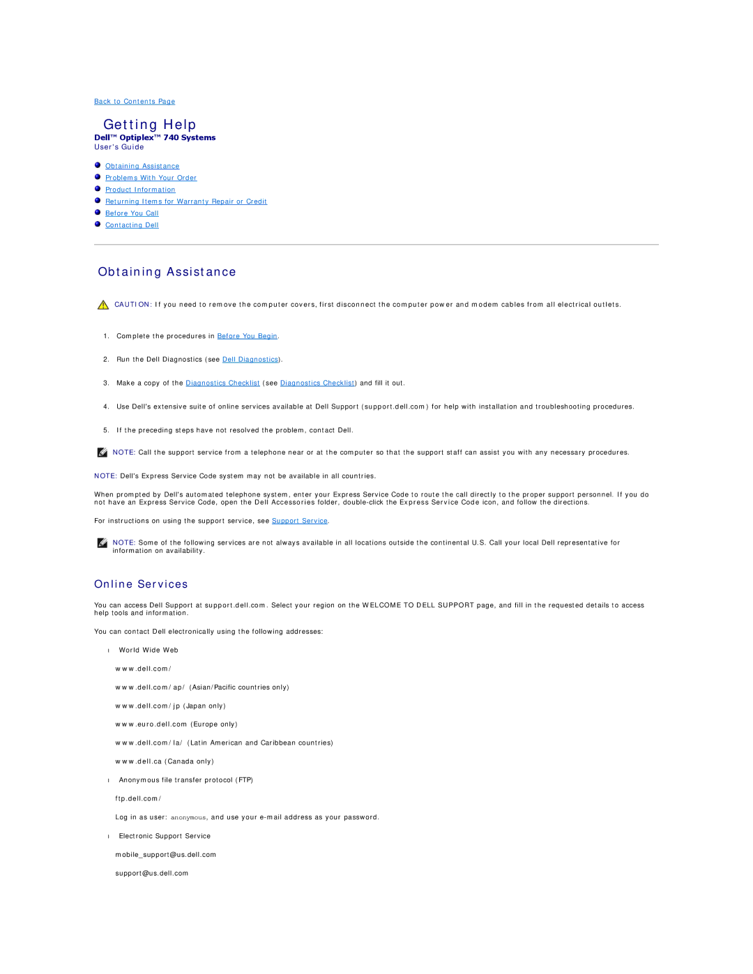 Dell 740-MT, DCSM, DCCY, 740-DT manual Getting Help, Obtaining Assistance, Online Services, Ftp.dell.com 