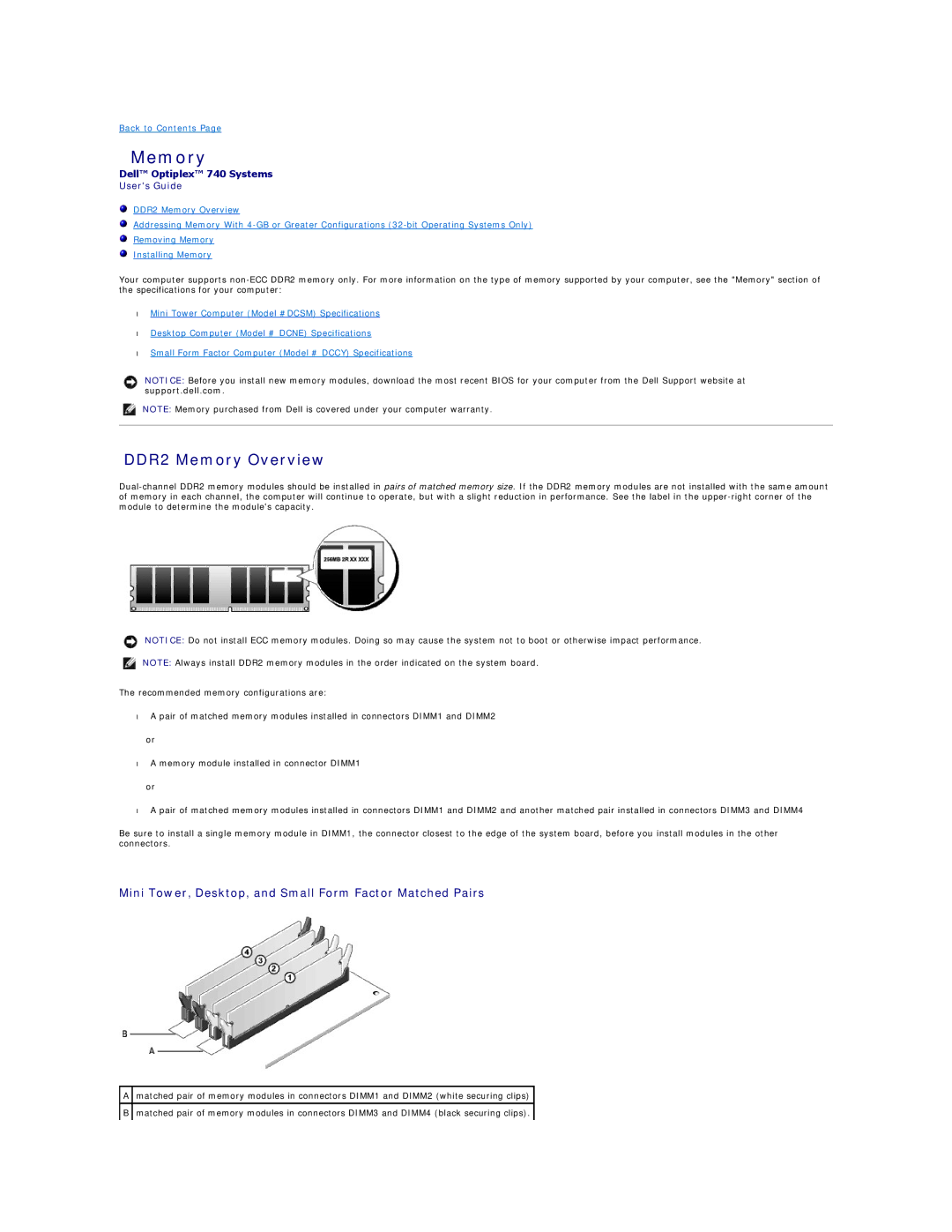 Dell 740-DT, DCSM, DCCY, 740-MT manual DDR2 Memory Overview, Mini Tower, Desktop, and Small Form Factor Matched Pairs 