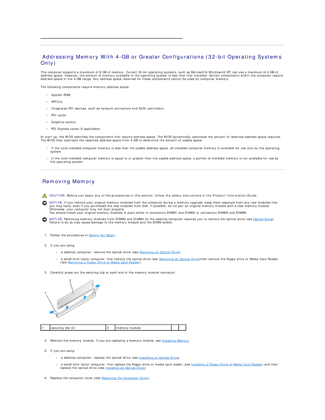 Dell DCSM, DCCY, 740-MT, 740-DT manual Removing Memory 