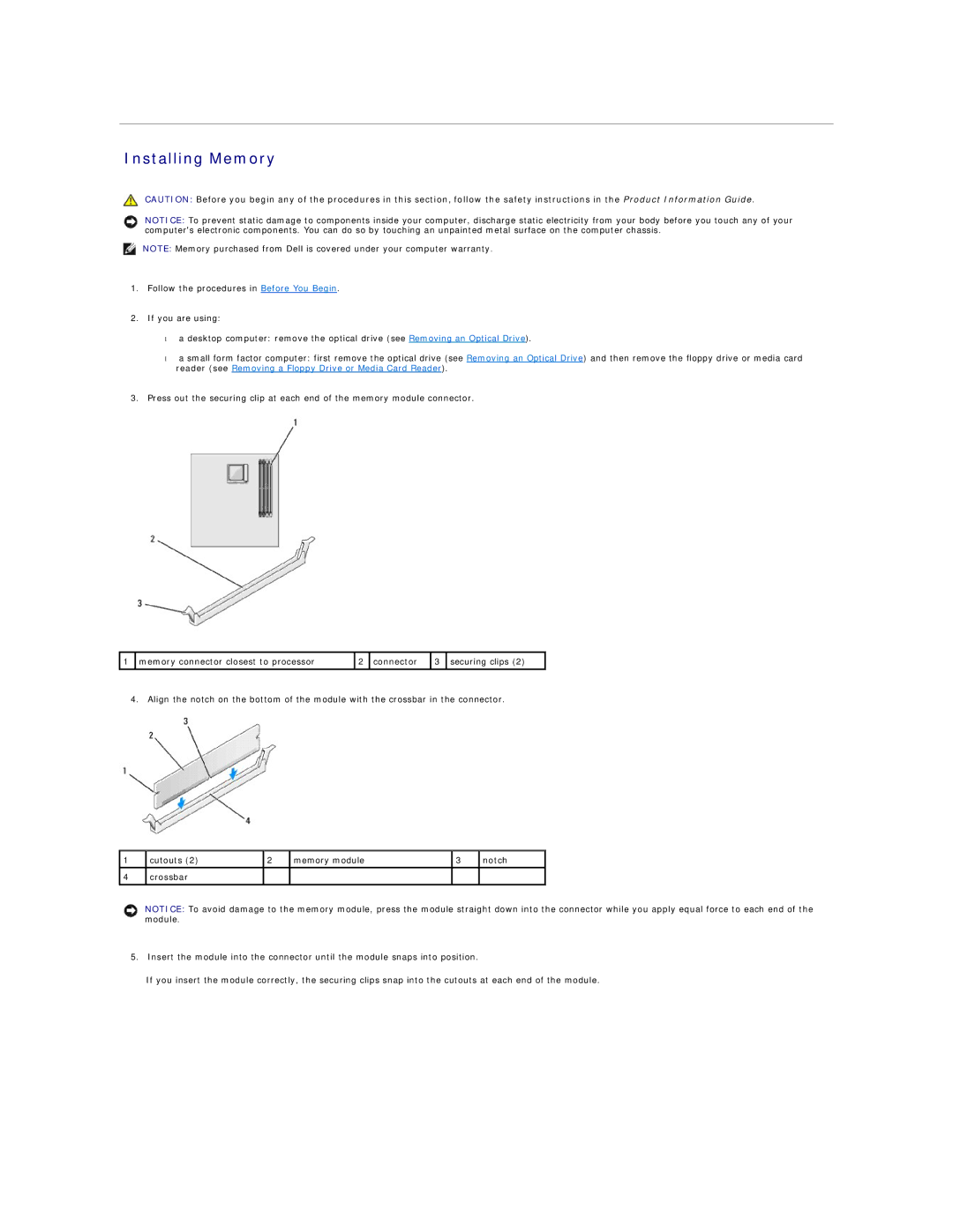 Dell DCCY, DCSM, 740-MT, 740-DT manual Installing Memory 