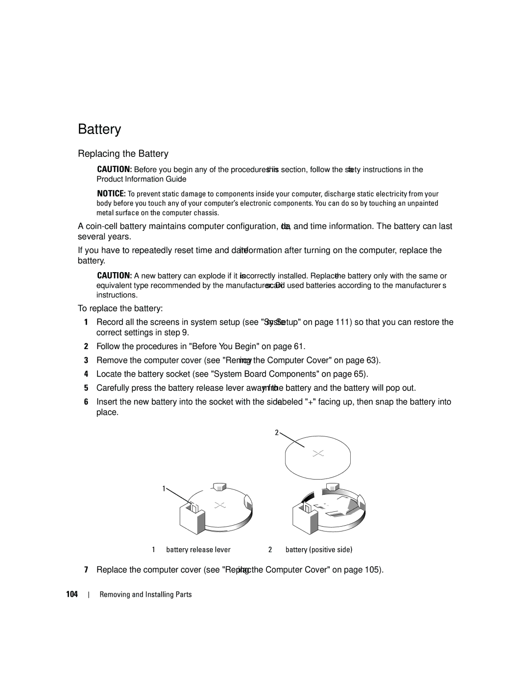 Dell DCSM, PY349 owner manual Replacing the Battery, Battery release lever 