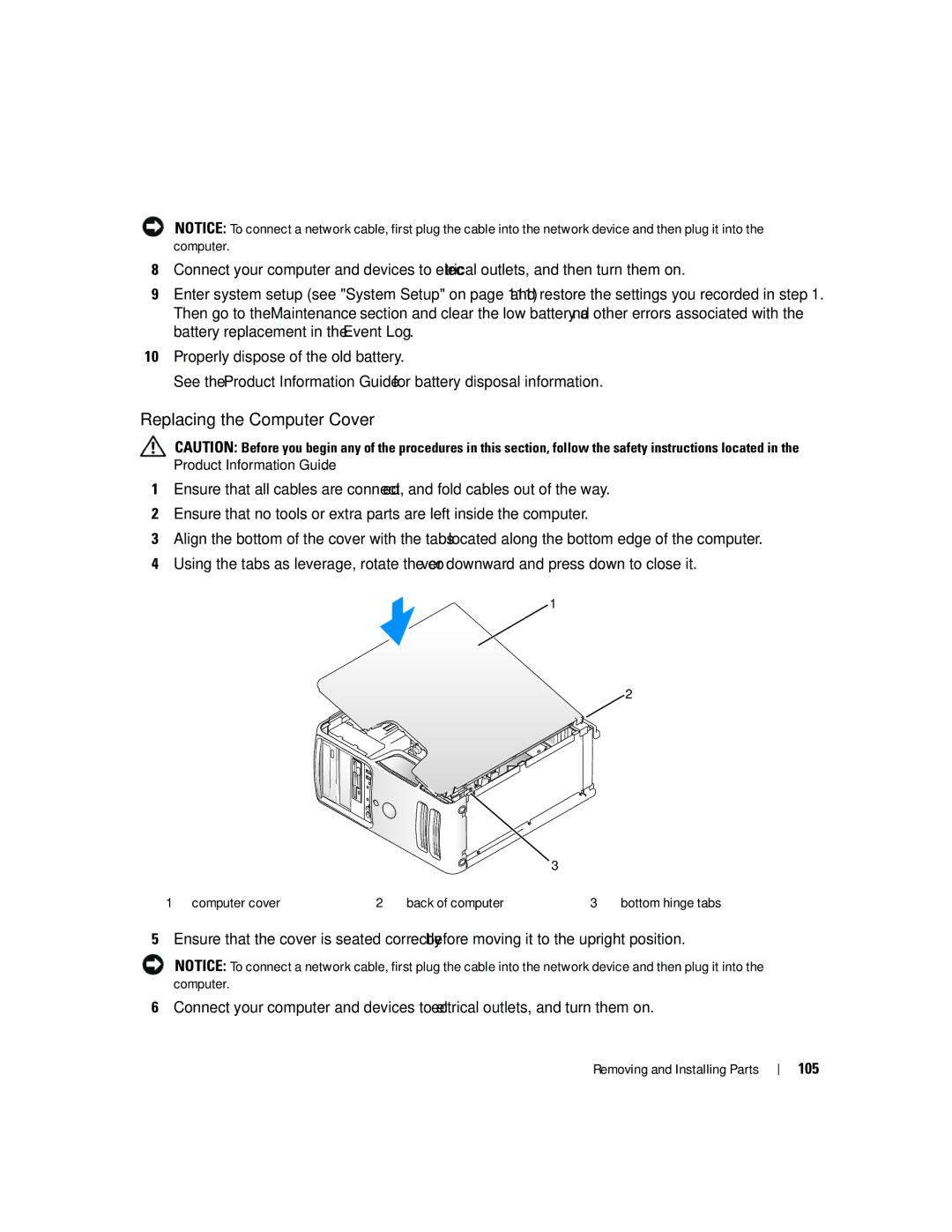 Dell PY349, DCSM owner manual Replacing the Computer Cover, 105, Computer cover Back of computer 