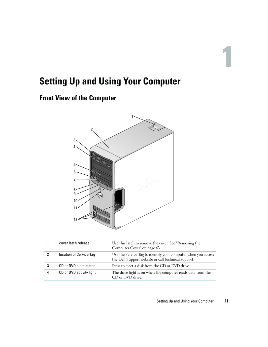 Dell PY349 Front View of the Computer, Cover latch release, Location of Service Tag, Setting Up and Using Your Computer 