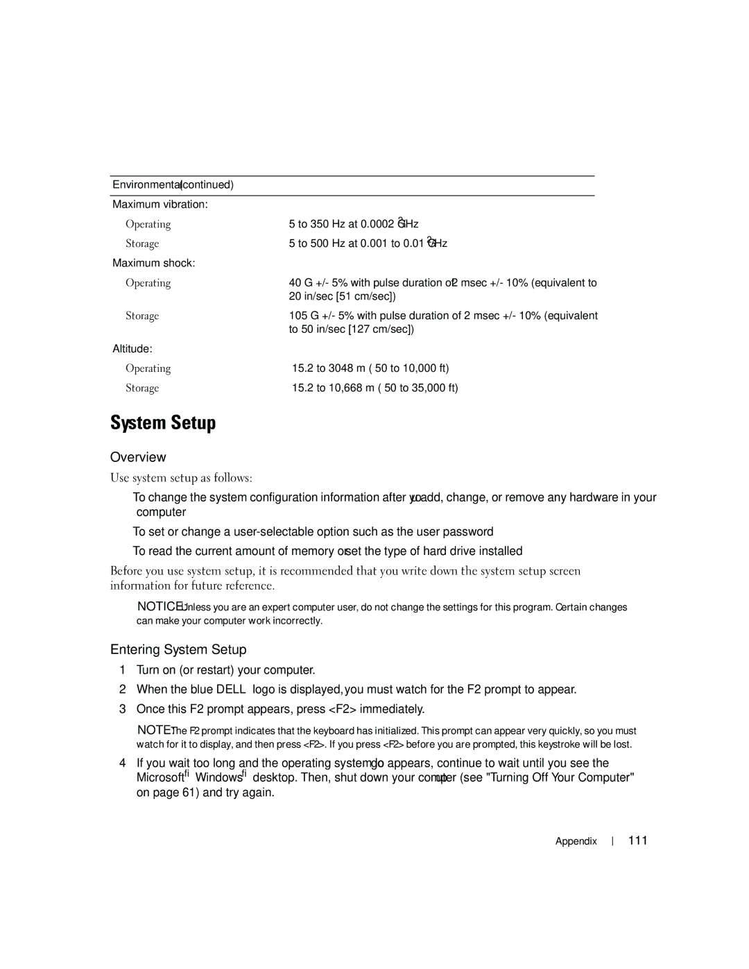 Dell PY349, DCSM owner manual Overview, Entering System Setup, 111 