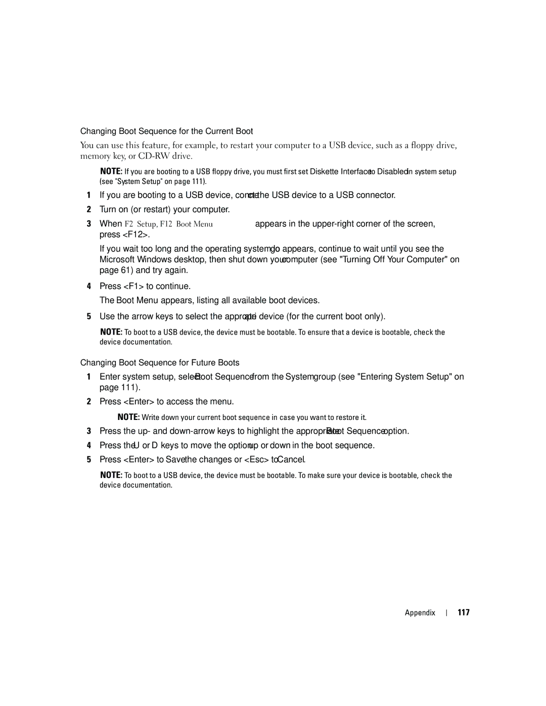 Dell PY349, DCSM owner manual Changing Boot Sequence for the Current Boot, 117 