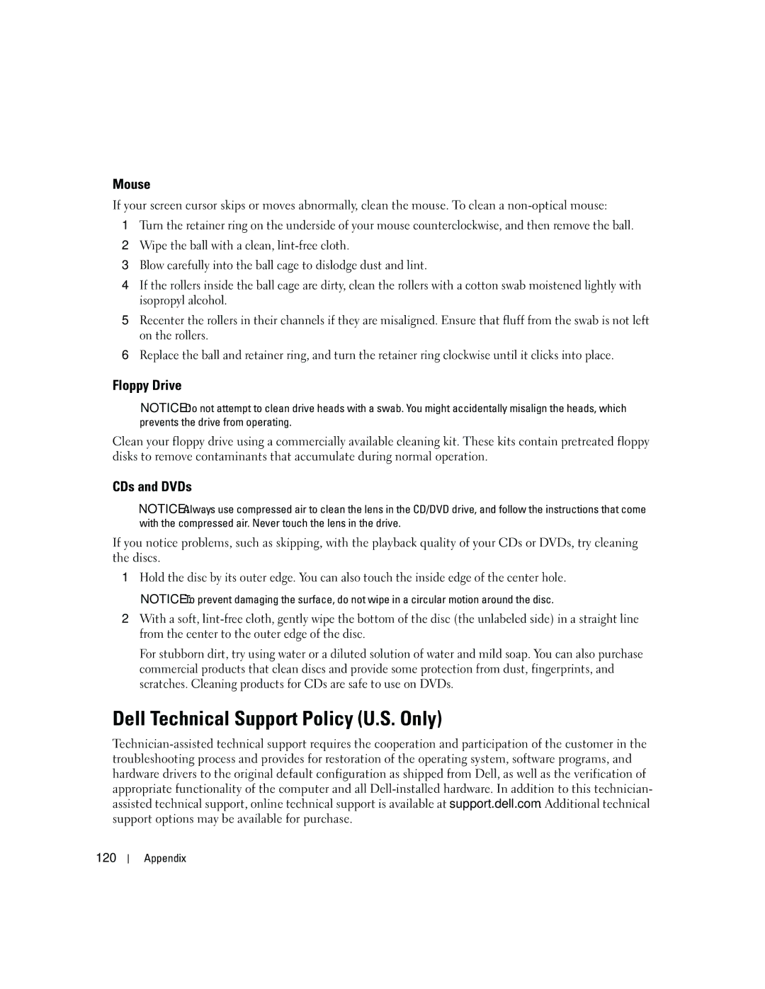 Dell DCSM, PY349 owner manual Dell Technical Support Policy U.S. Only, Mouse, Floppy Drive, CDs and DVDs, 120 