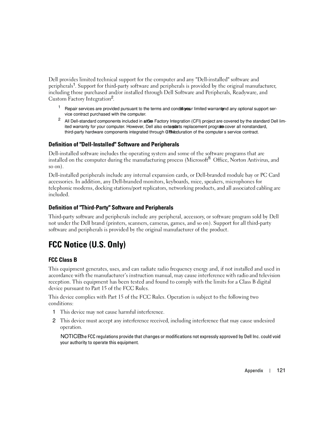 Dell PY349, DCSM owner manual FCC Notice U.S. Only, Definition of Dell-Installed Software and Peripherals, FCC Class B, 121 