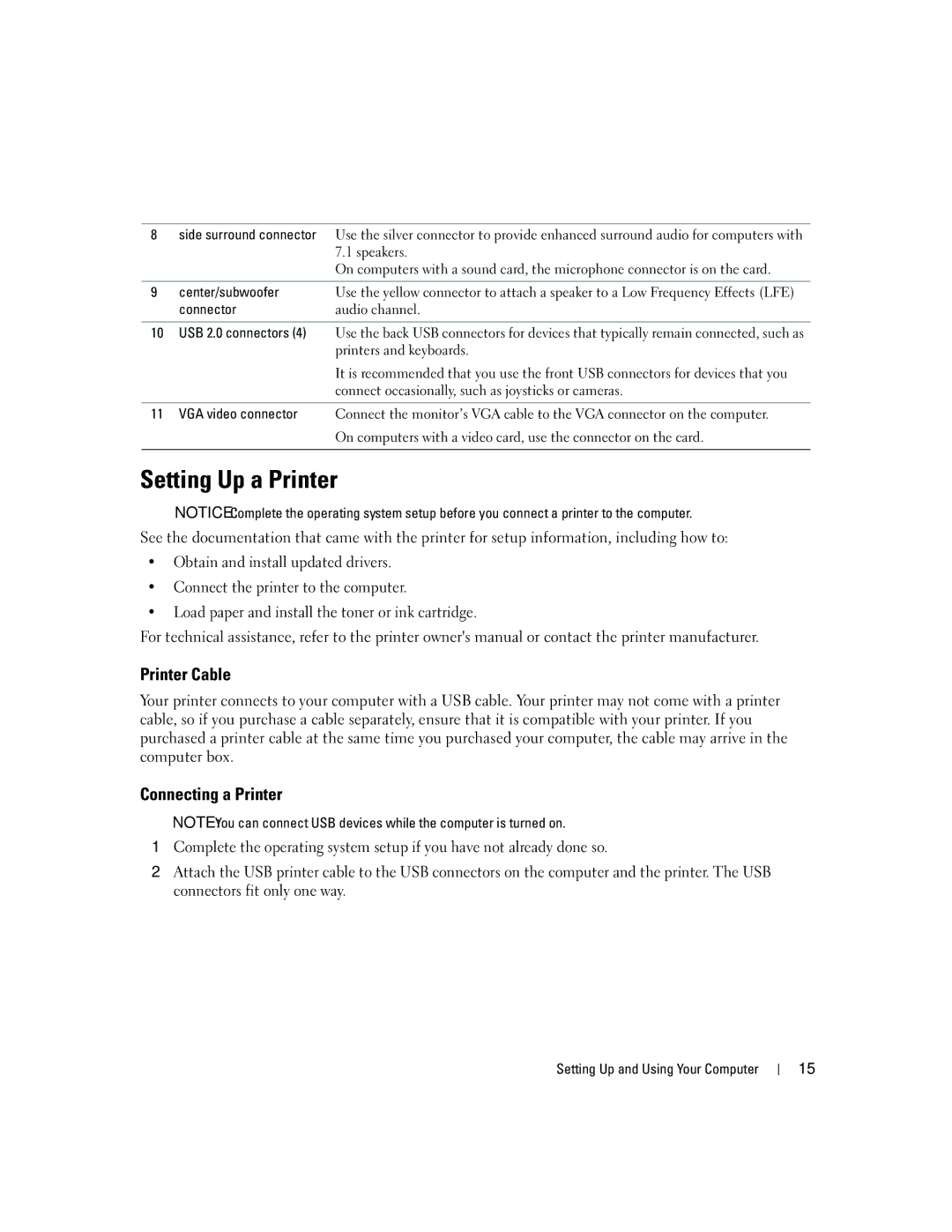 Dell PY349, DCSM owner manual Setting Up a Printer, Printer Cable, Connecting a Printer, Center/subwoofer 