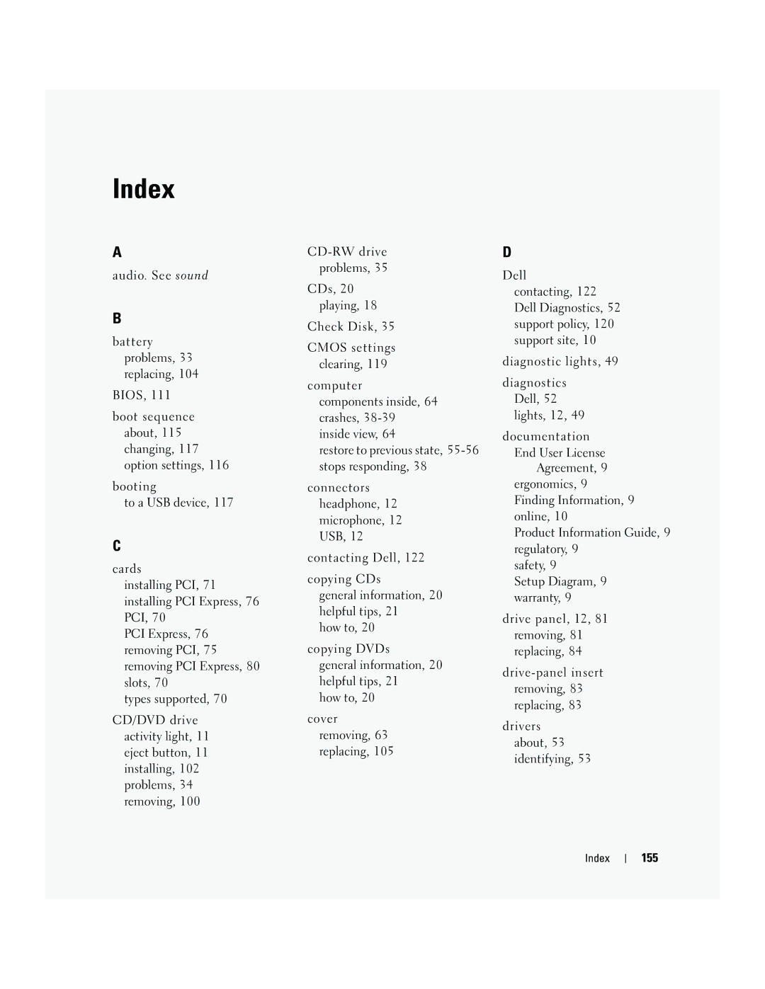 Dell PY349, DCSM owner manual 155, Index 