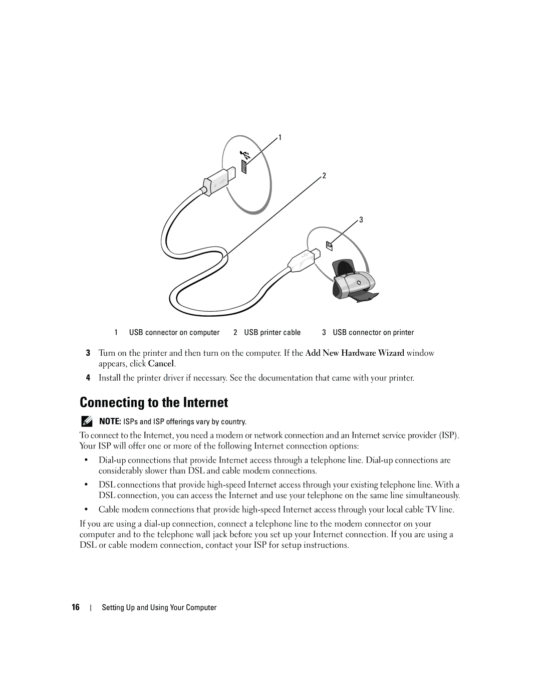 Dell DCSM, PY349 owner manual Connecting to the Internet, USB connector on computer 2 USB printer cable 