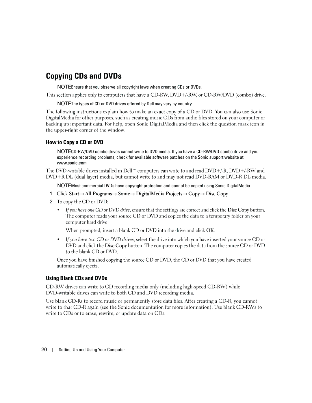 Dell DCSM, PY349 owner manual Copying CDs and DVDs, How to Copy a CD or DVD, Using Blank CDs and DVDs 