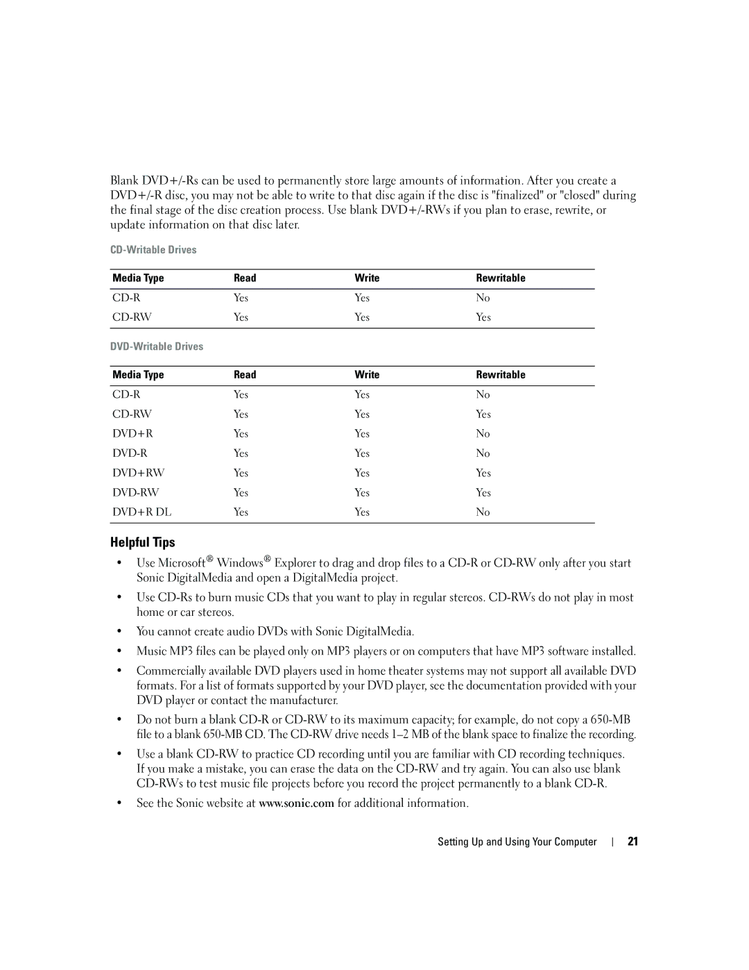 Dell PY349, DCSM owner manual Helpful Tips, Media Type Read Write Rewritable 