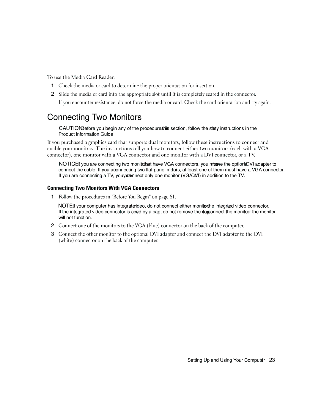 Dell PY349, DCSM owner manual Connecting Two Monitors With VGA Connectors, Follow the procedures in Before You Begin on 