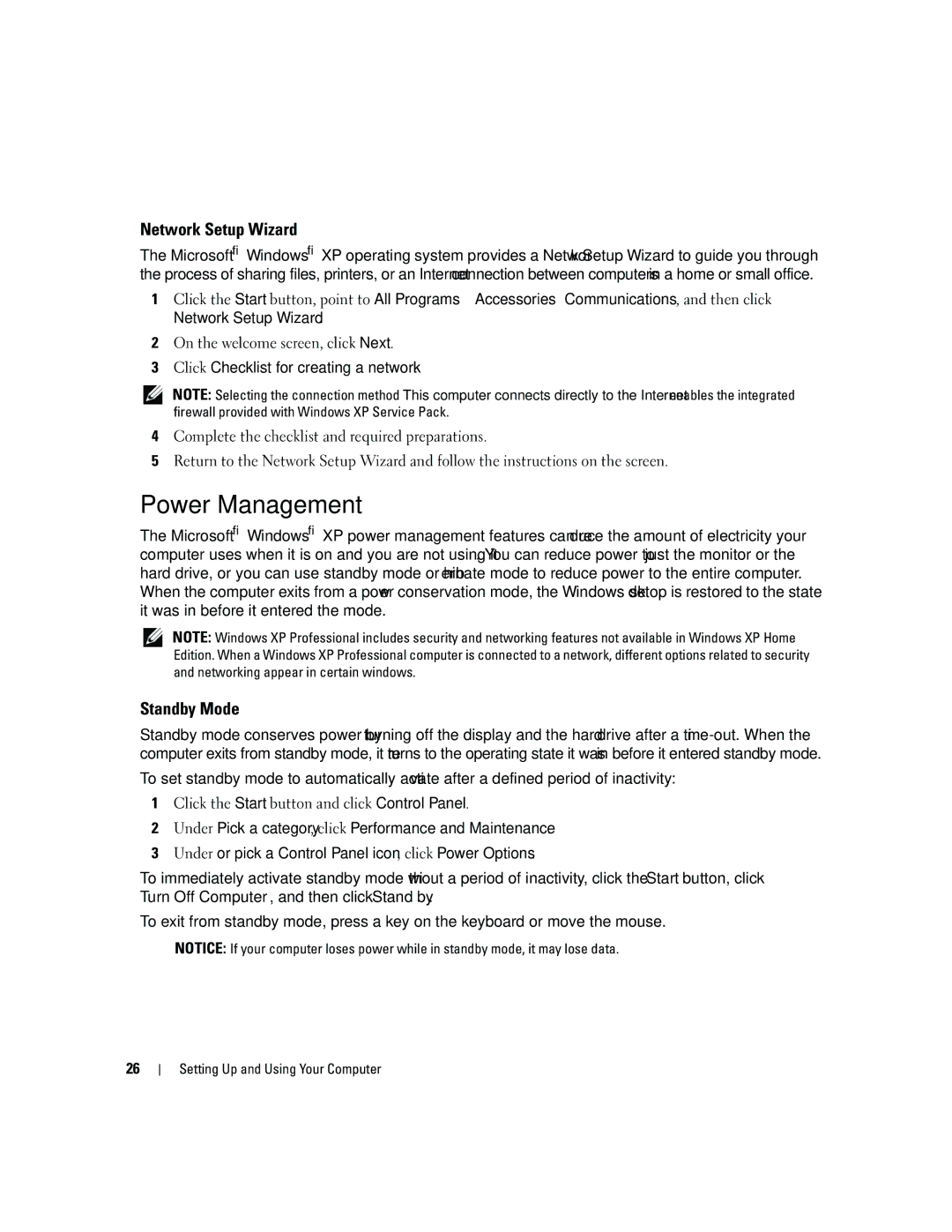 Dell DCSM, PY349 owner manual Power Management, Network Setup Wizard, Standby Mode 