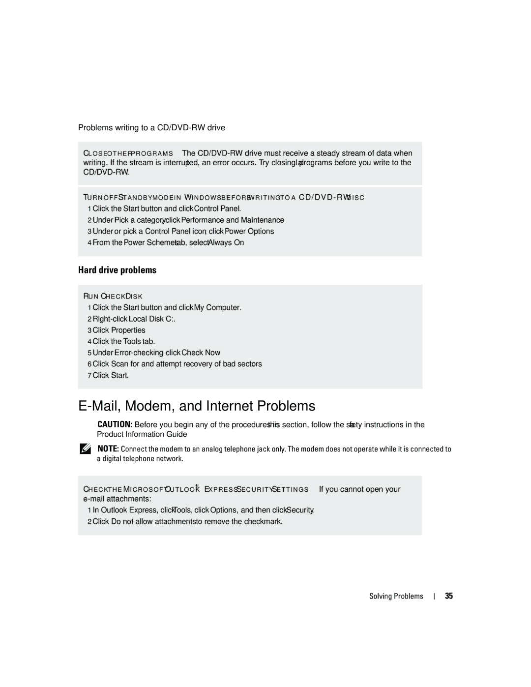 Dell PY349, DCSM owner manual Mail, Modem, and Internet Problems, Hard drive problems, Problems writing to a CD/DVD-RW drive 