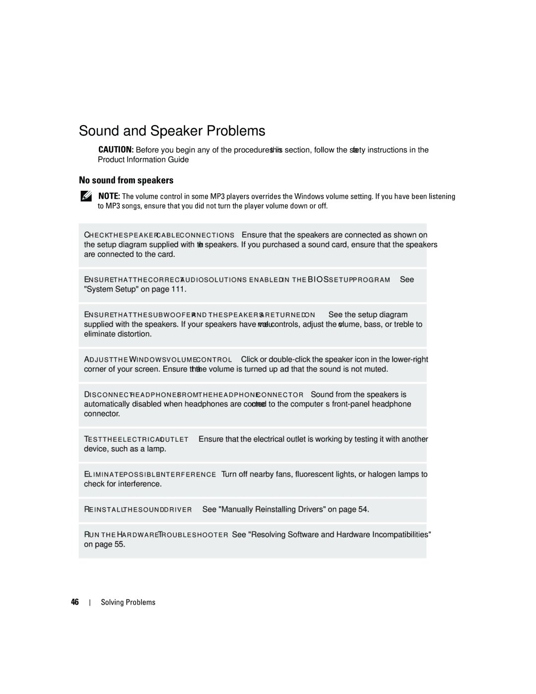 Dell DCSM, PY349 owner manual Sound and Speaker Problems, No sound from speakers 