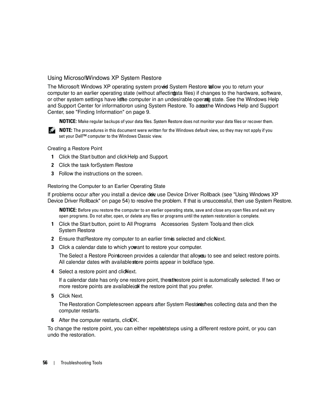 Dell DCSM, PY349 owner manual Using Microsoft Windows XP System Restore 