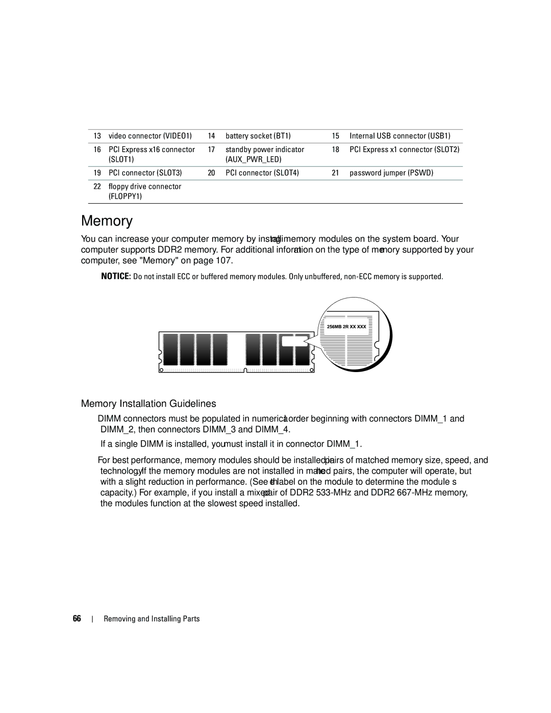 Dell DCSM, PY349 owner manual Memory Installation Guidelines, Battery socket BT1, Standby power indicator 