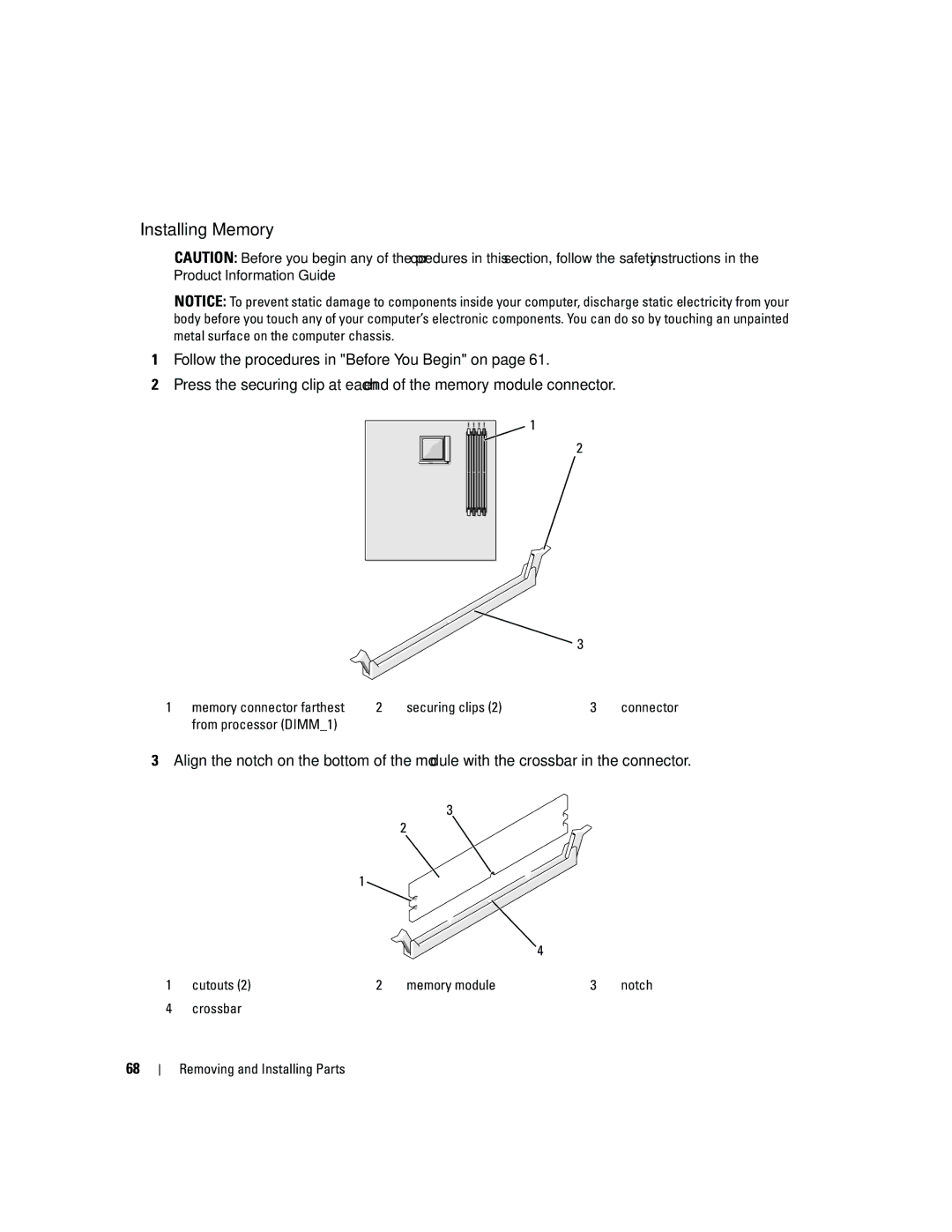 Dell DCSM, PY349 Installing Memory, Memory connector farthest Securing clips, From processor DIMM1, Cutouts Memory module 