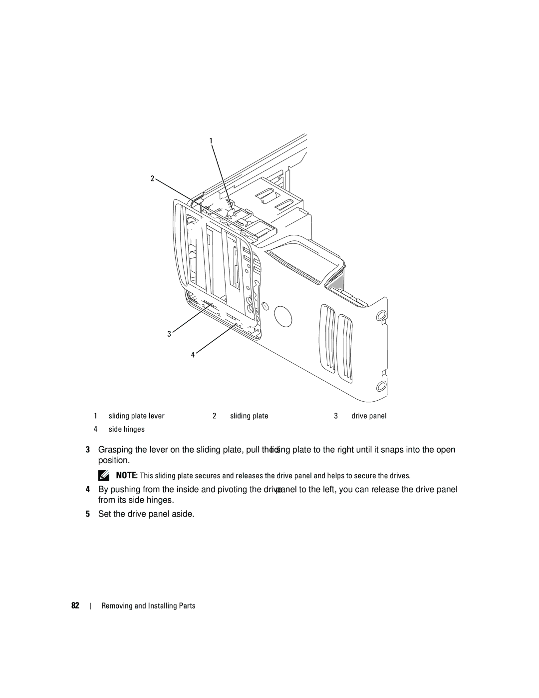 Dell DCSM, PY349 owner manual Sliding plate lever, Side hinges 