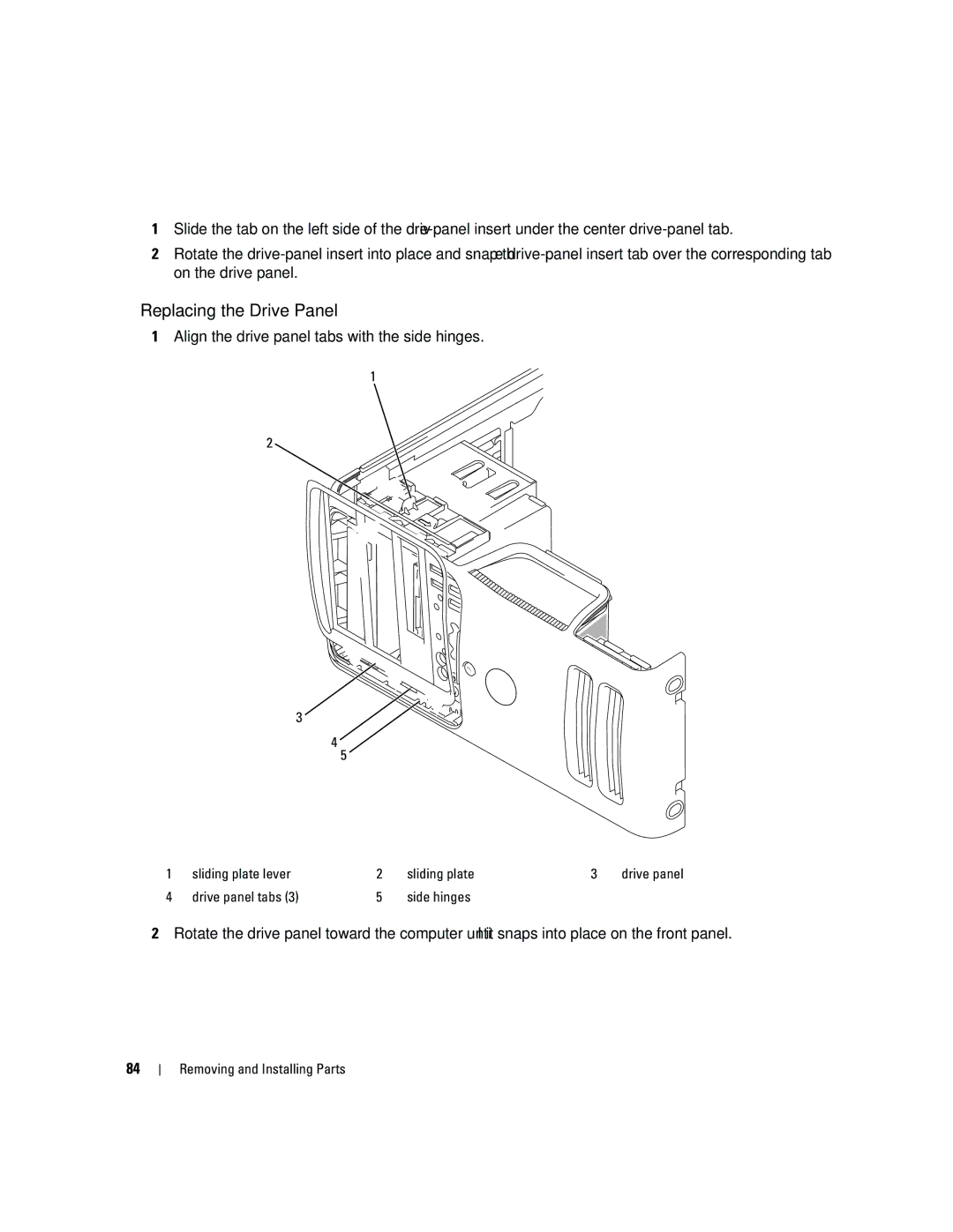 Dell DCSM, PY349 Replacing the Drive Panel, Align the drive panel tabs with the side hinges, Drive panel tabs Side hinges 