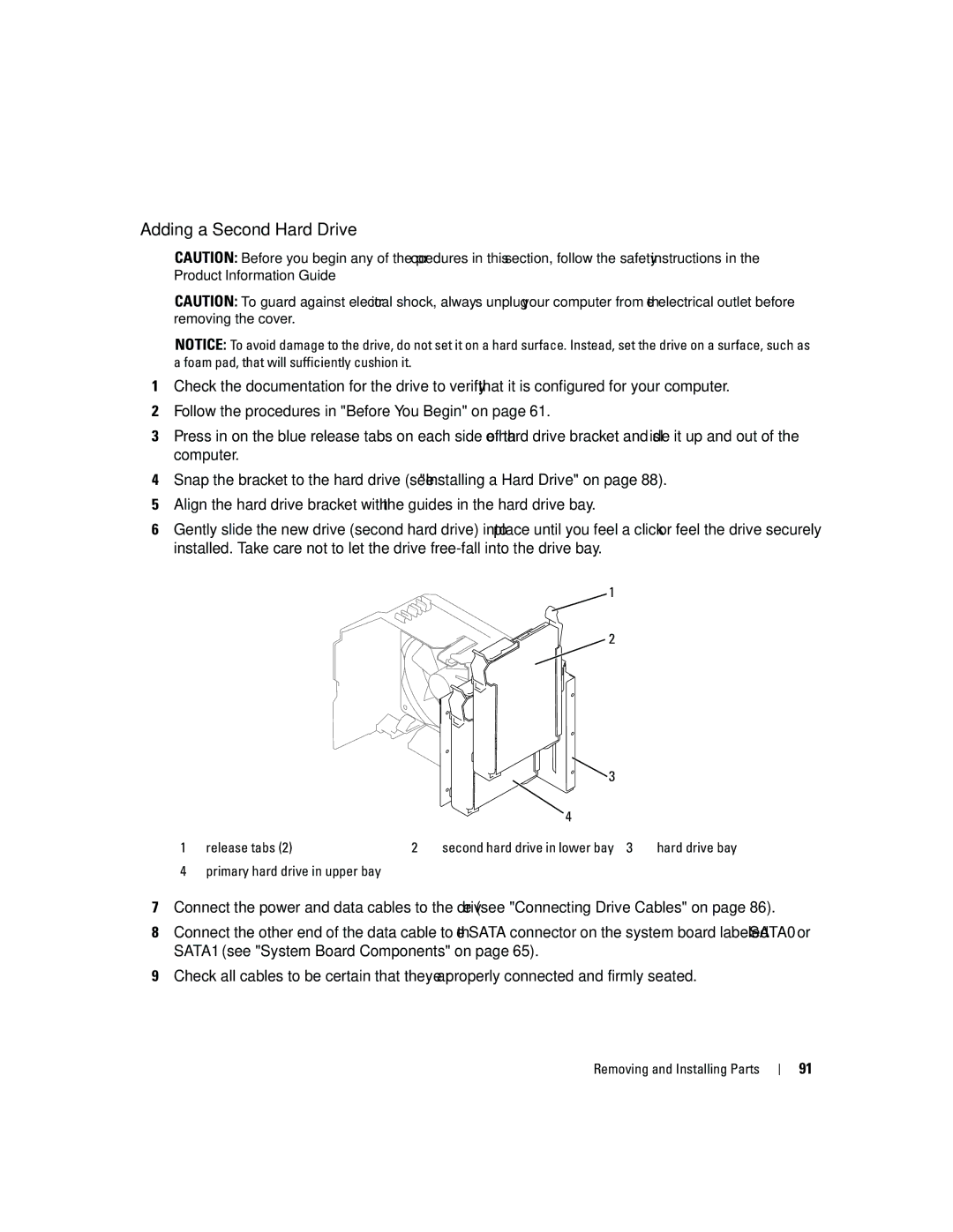 Dell PY349, DCSM owner manual Adding a Second Hard Drive, Release tabs Second hard drive in lower bay 