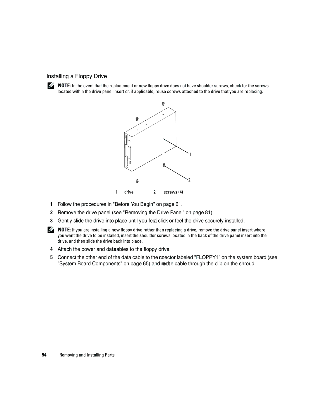 Dell DCSM, PY349 owner manual Installing a Floppy Drive 