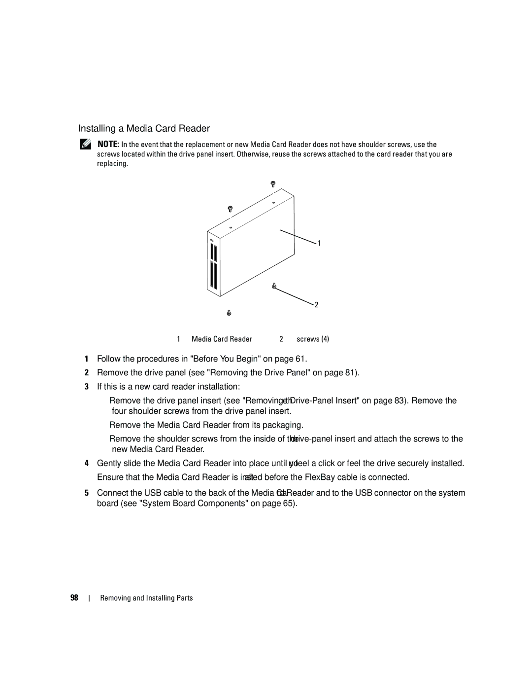 Dell DCSM, PY349 owner manual Installing a Media Card Reader 