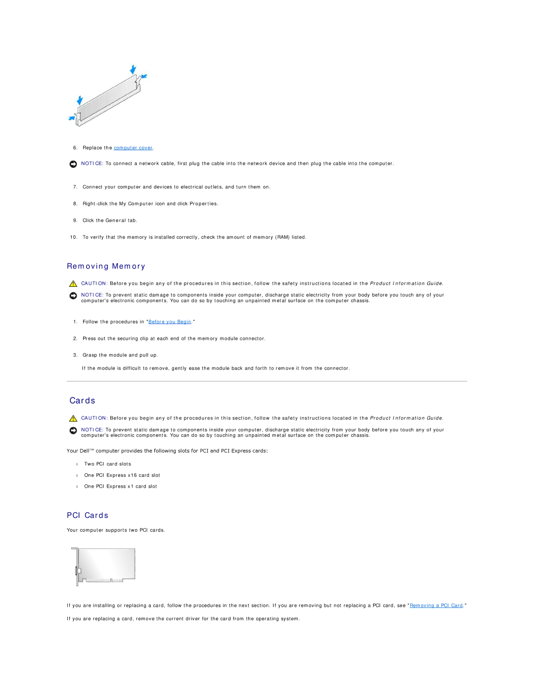 Dell DCSM specifications Removing Memory, PCI Cards 