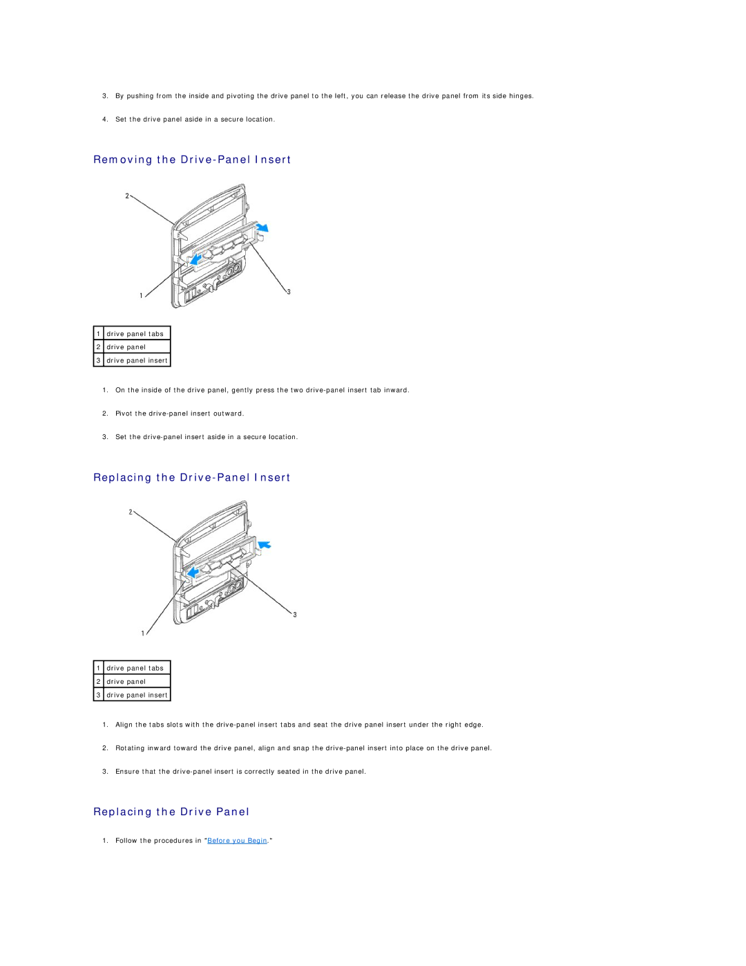 Dell DCSM specifications Removing the Drive-Panel Insert, Replacing the Drive-Panel Insert, Replacing the Drive Panel 