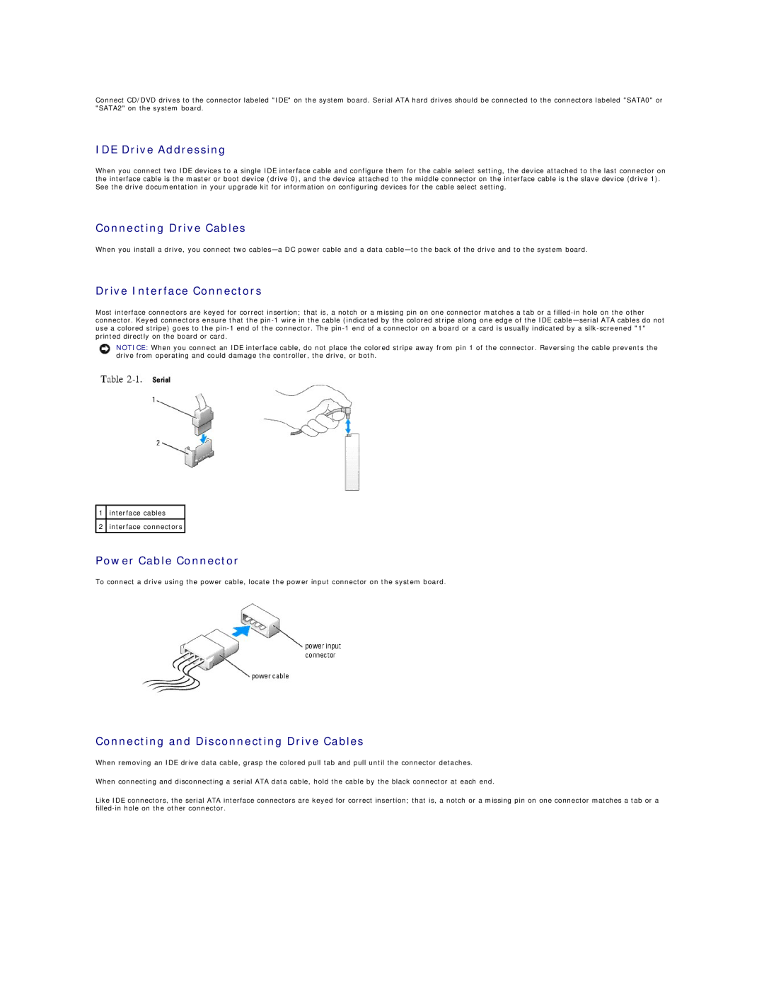 Dell DCSM specifications IDE Drive Addressing, Connecting Drive Cables, Drive Interface Connectors, Power Cable Connector 