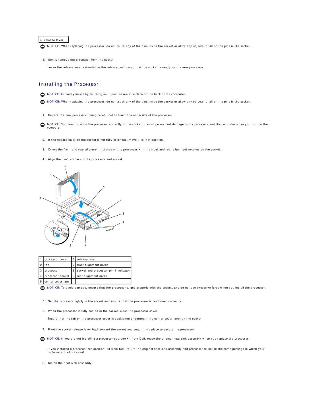 Dell DCSM specifications Installing the Processor 