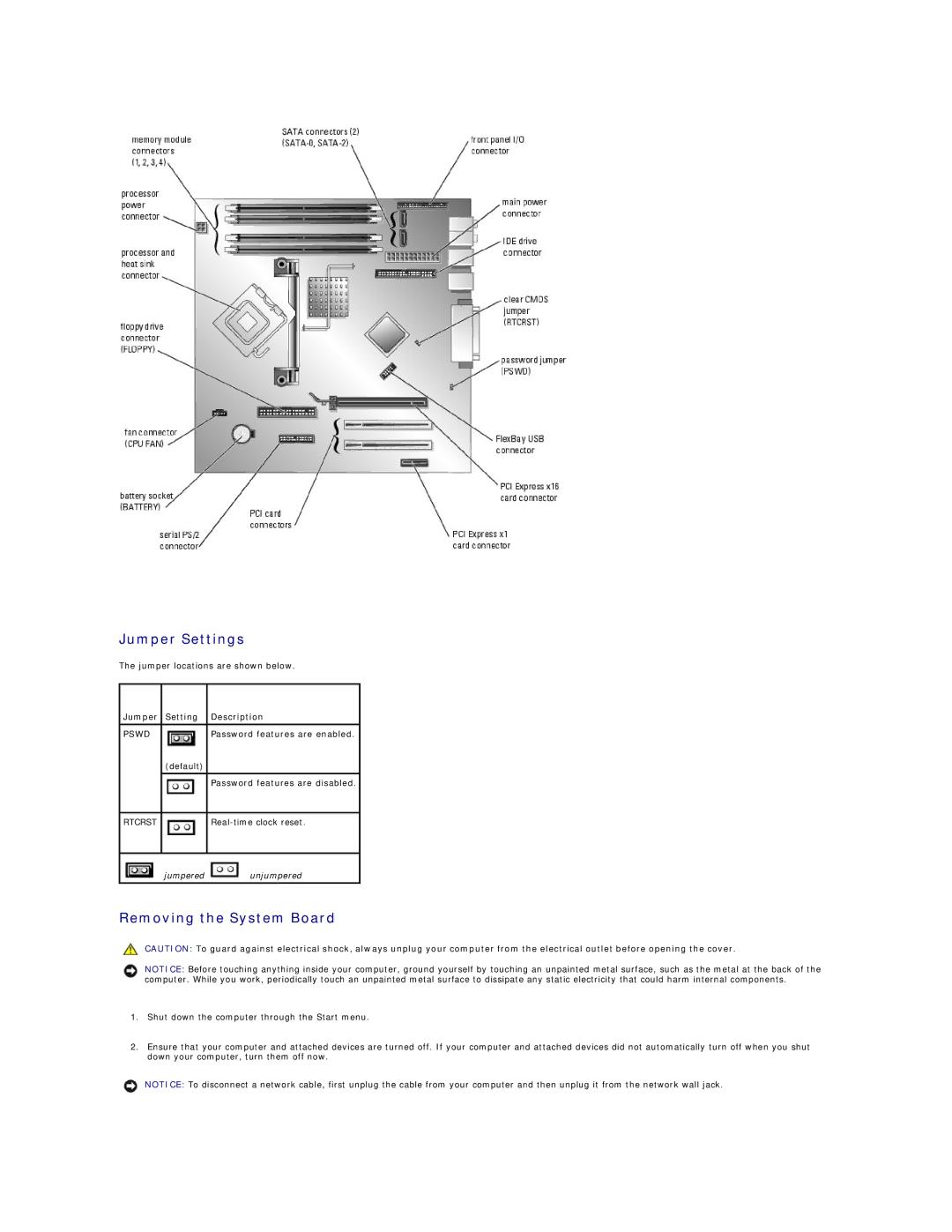 Dell DCSM specifications Jumper Settings, Removing the System Board, Jumper Setting Description 