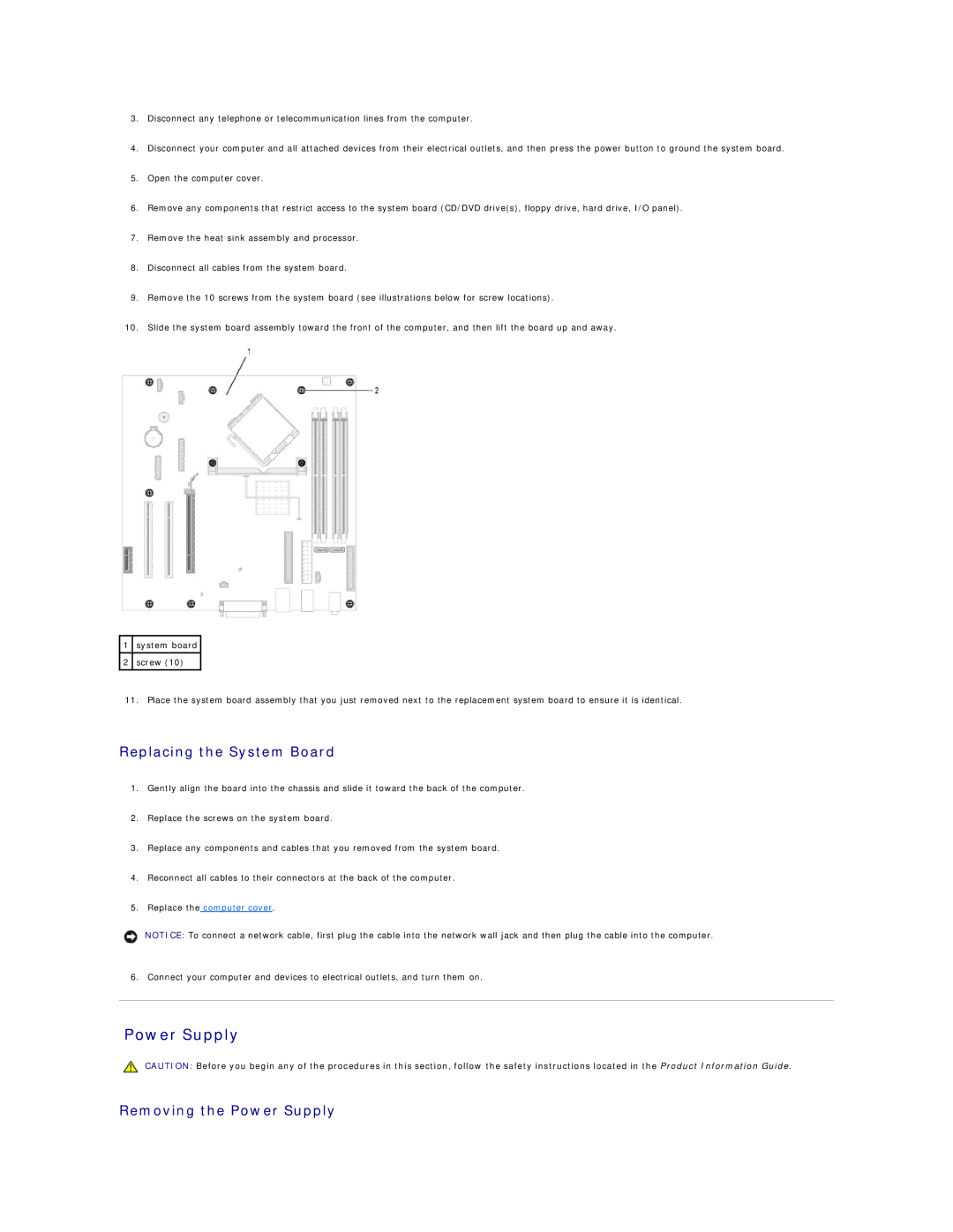 Dell DCSM specifications Replacing the System Board, Removing the Power Supply 