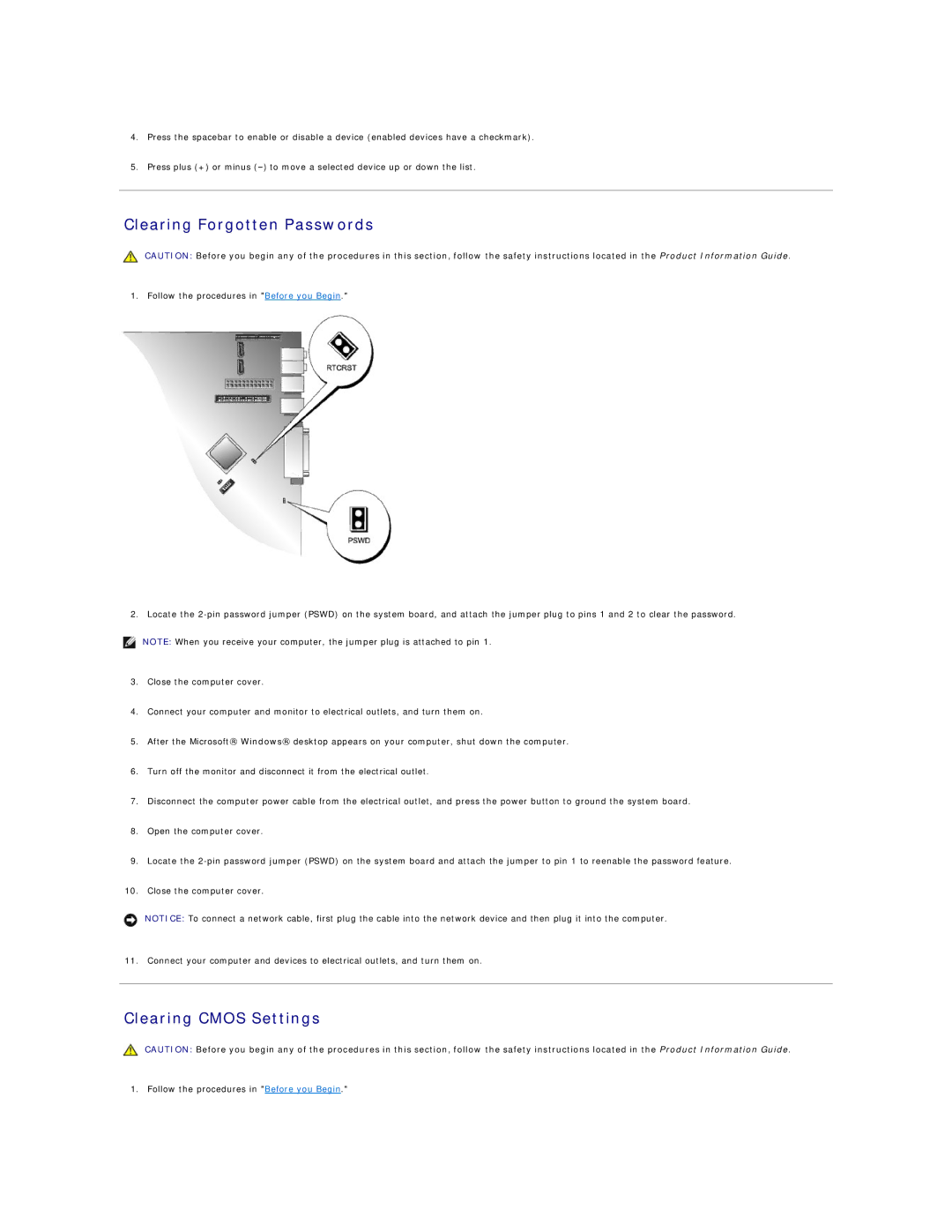 Dell DCSM specifications Clearing Forgotten Passwords, Clearing Cmos Settings 